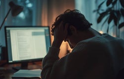 A young man has his head in his hands in front of a work computer screen