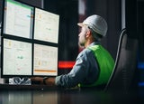 Construction worker looks at a computer screen showing various charts and graphs