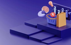 A graphic showing ecommerce related icons like a shopping basket, pie chart and a bullseye