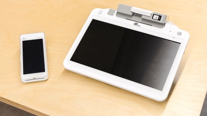 Close up of the takepaymentsplus card reader and POS terminal