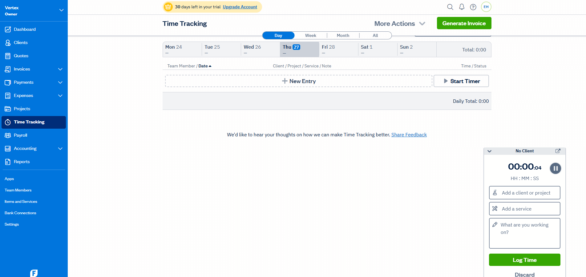 Screenshot of the timer on FreshBooks