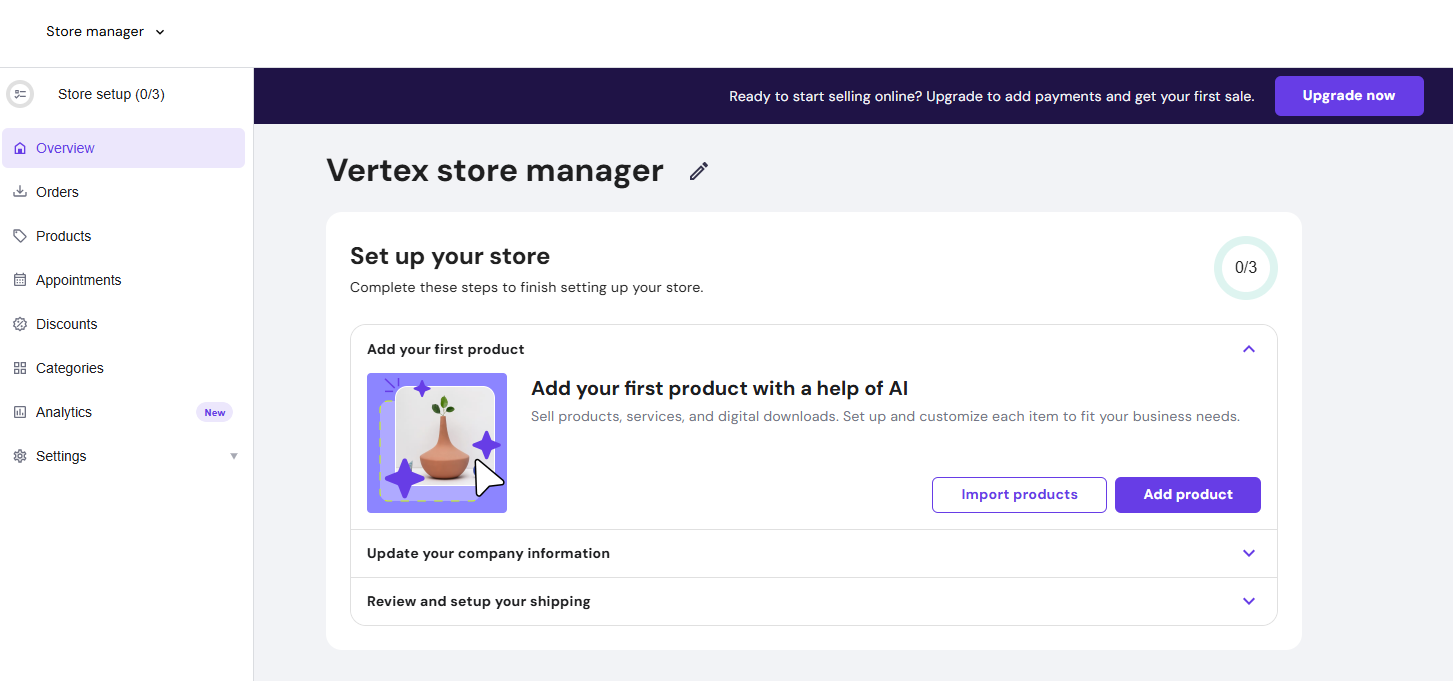 A screenshot of the store manager section of Hostinger, demonstrating how you can upload products to your site