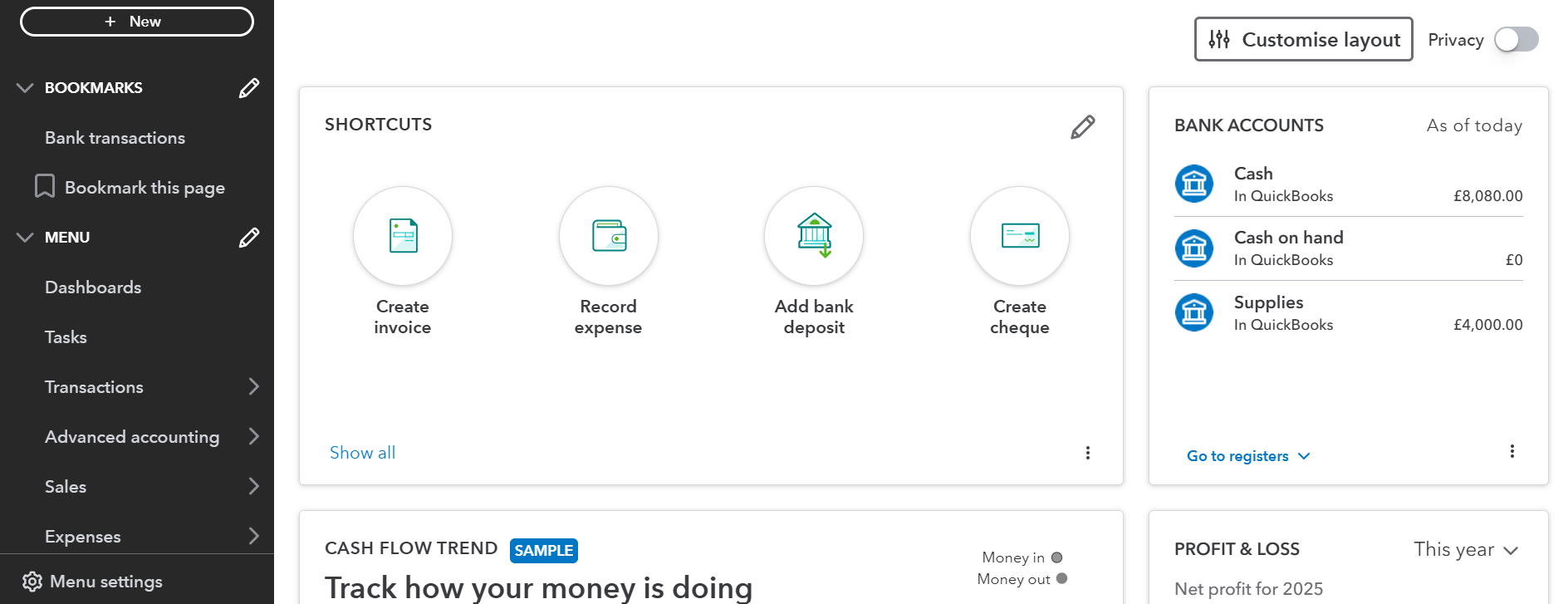 QuickBooks - dashboard example screenshot