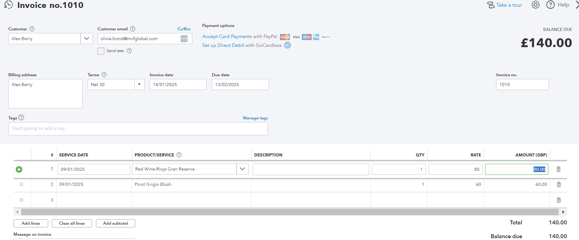 QuickBooks - invoice example screenshot