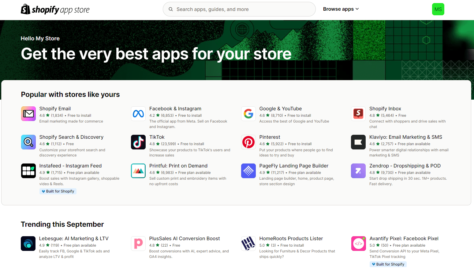 Shopify's app store homepage