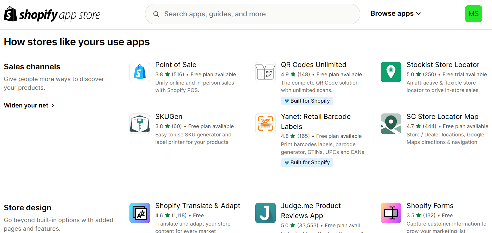 Shopify's app market showing popular apps with similar stores