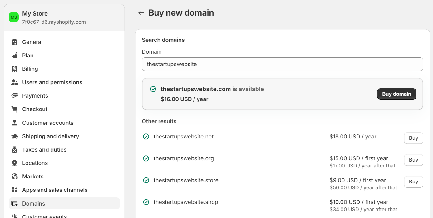 Shopify account settings page for buying a new domain name, showing pricing options