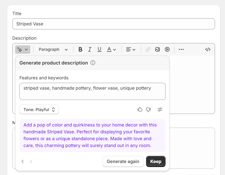 Shopify Magic generating a product description for my Shopify store