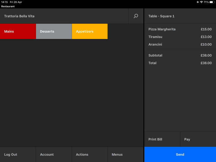 Screenshot of the order screen for Square for Restaurants POS