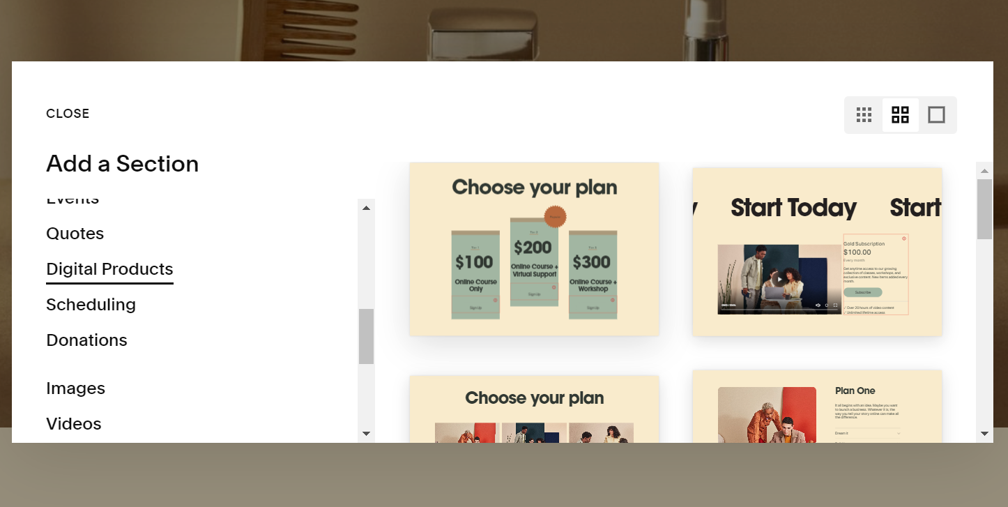 Digital product section designs in Squarespace's website editor