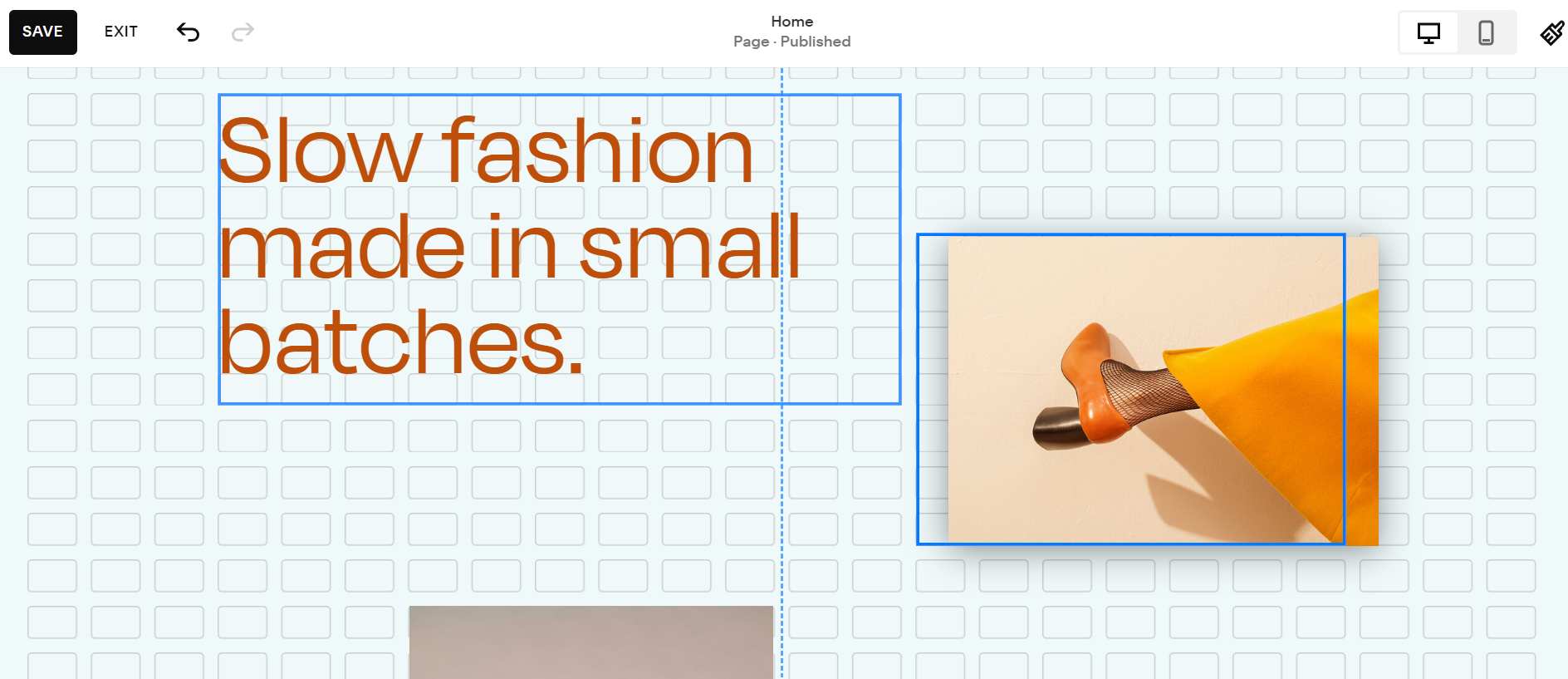 Squarespace's drag and drop website editor with a text box being moved around the grid framework