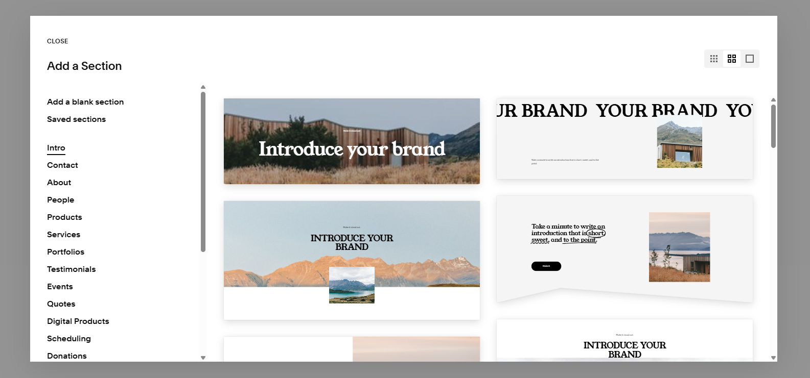Screenshot of the different designs you can add to your website with Squarespace