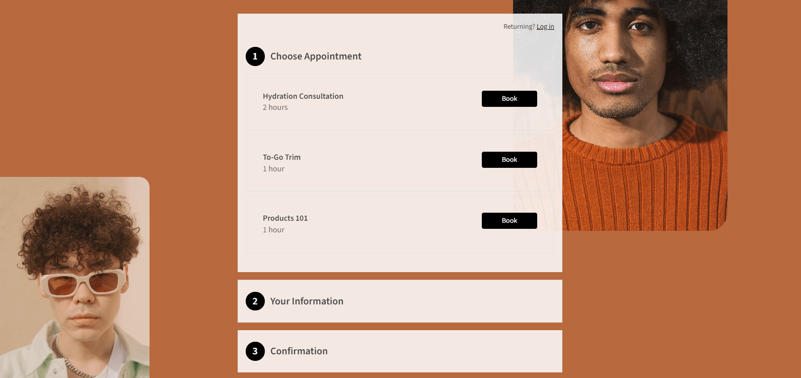 squarespace test website with an element displaying bookable services