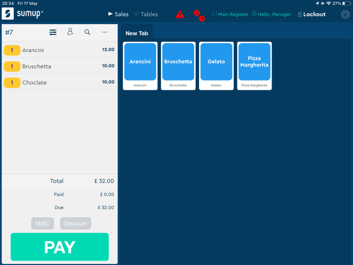 Screenshot of the SumUp POS order screen