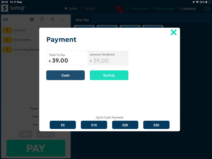Screenshot of the payment page for SumUp POS