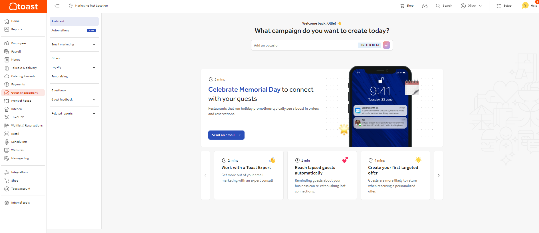 Screenshot of the Toast customer engagement tools