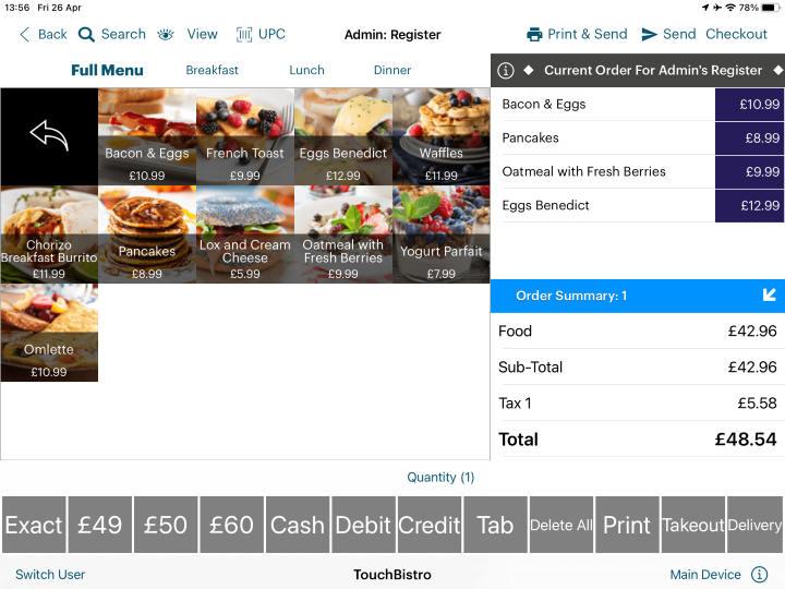 Screenshot of the TouchBistro ordering screen