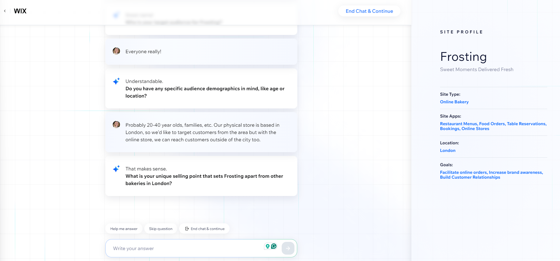 Wix's AI chatbot generating a site profile for a cupcake online store