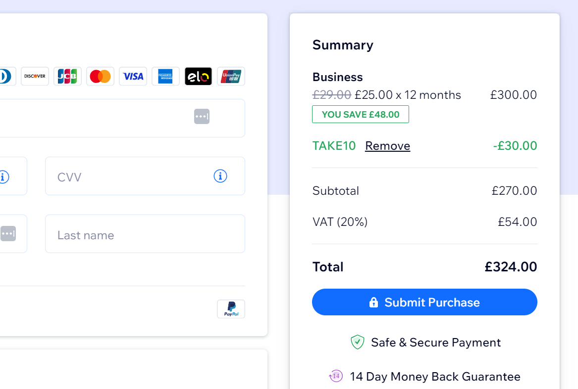 Wix checkout page for its Business website builder plan, showing a discount code being applied