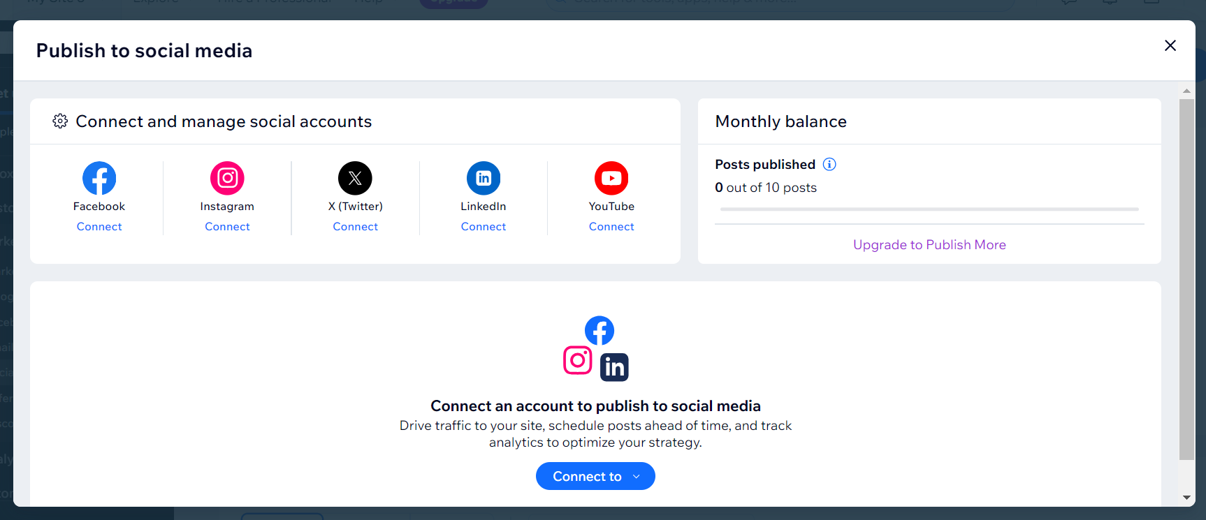 Pop up box in Wix to connect your site with different social media accounts and publish content