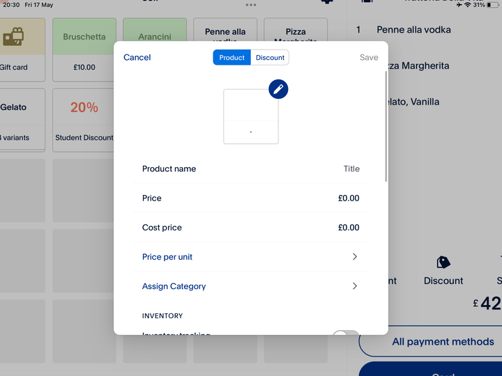 Screenshot of how you add products in Zettle POS