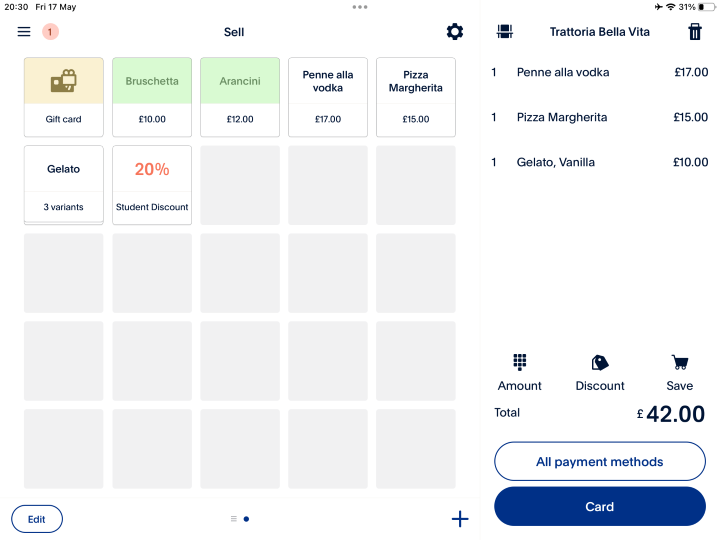 Screenshot of the Zettle ordering page