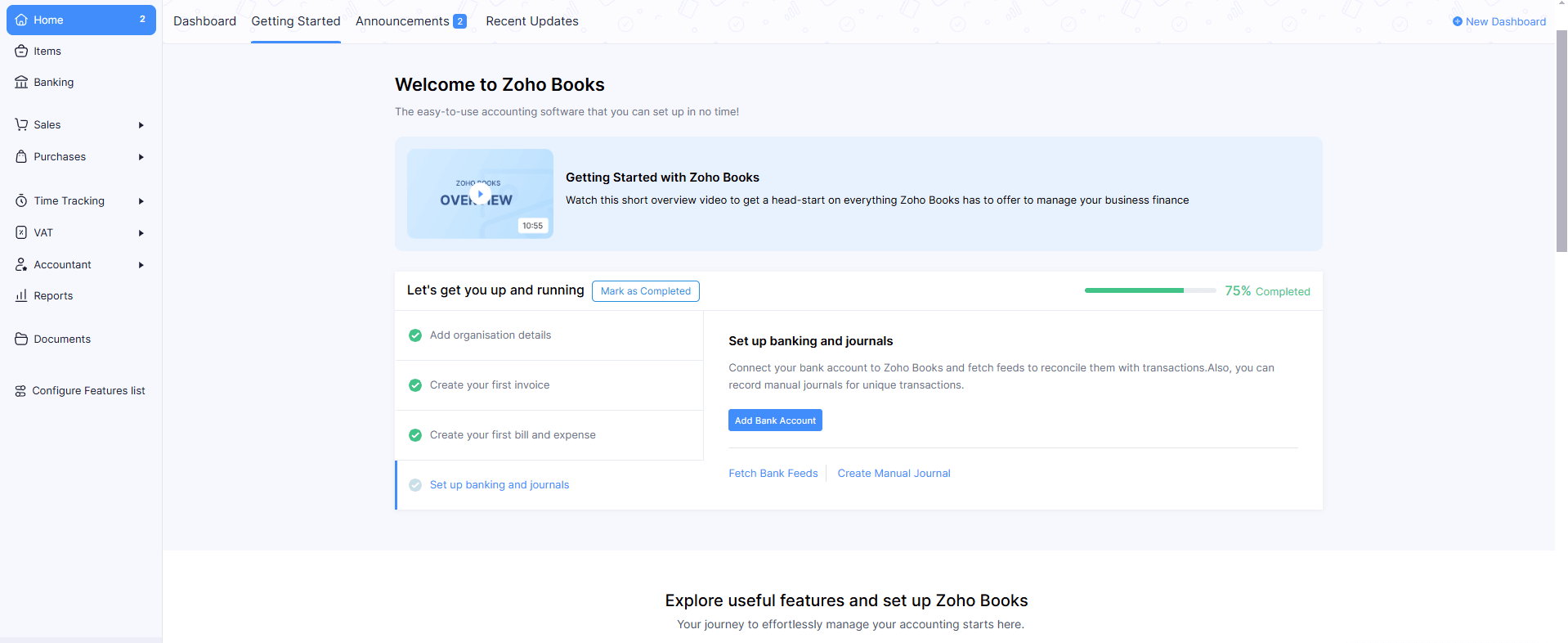 Screenshot of Zoho Books dashboard